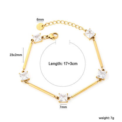 Wholesale Geometric Zircon Bracelet | 23mm Bar & 7mm Square Zircon | 17+3cm Gold Chain | Stainless Steel Fashion Jewelry