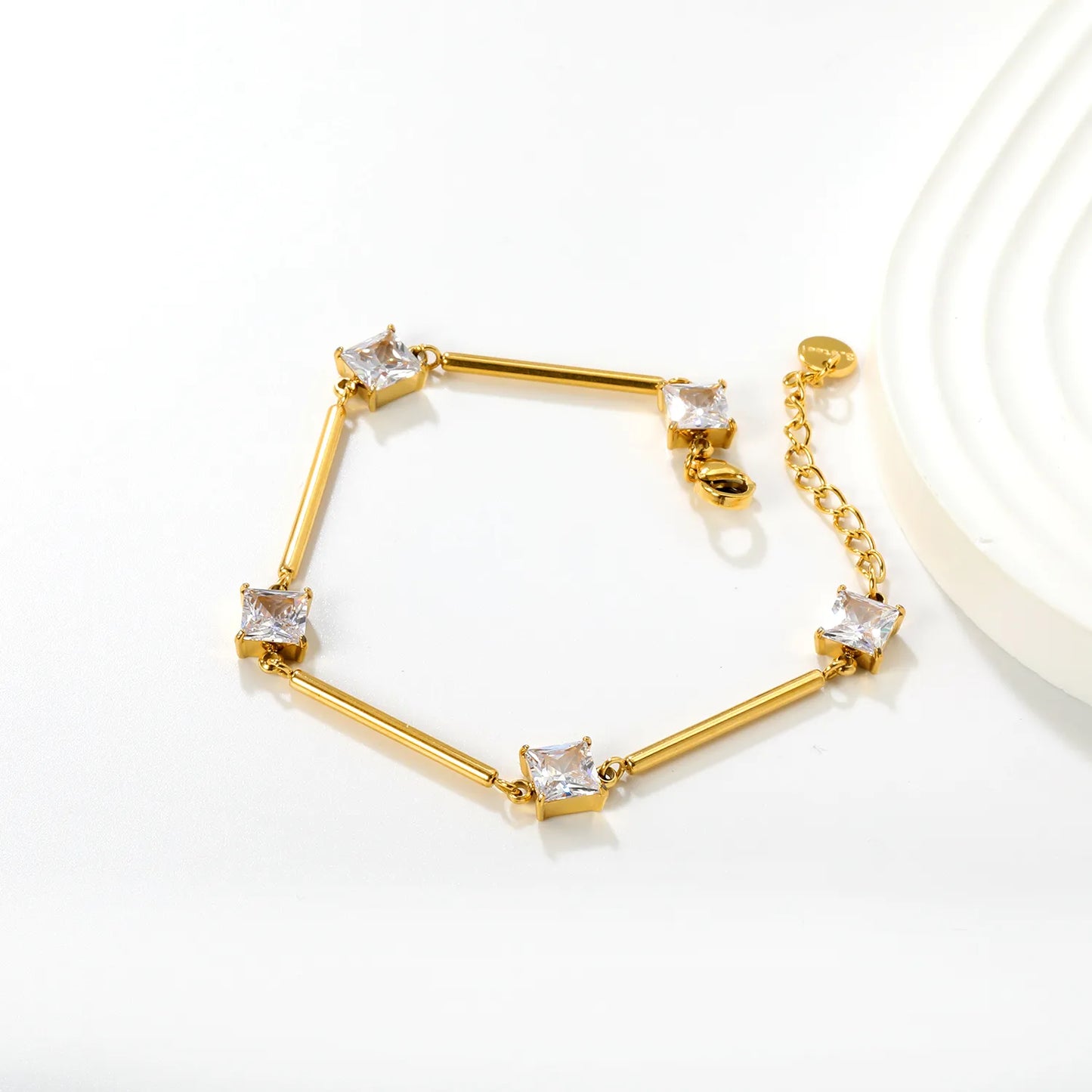 Wholesale Geometric Zircon Bracelet | 23mm Bar & 7mm Square Zircon | 17+3cm Gold Chain | Stainless Steel Fashion Jewelry