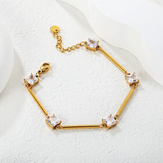 Wholesale Geometric Zircon Bracelet | 23mm Bar & 7mm Square Zircon | 17+3cm Gold Chain | Stainless Steel Fashion Jewelry