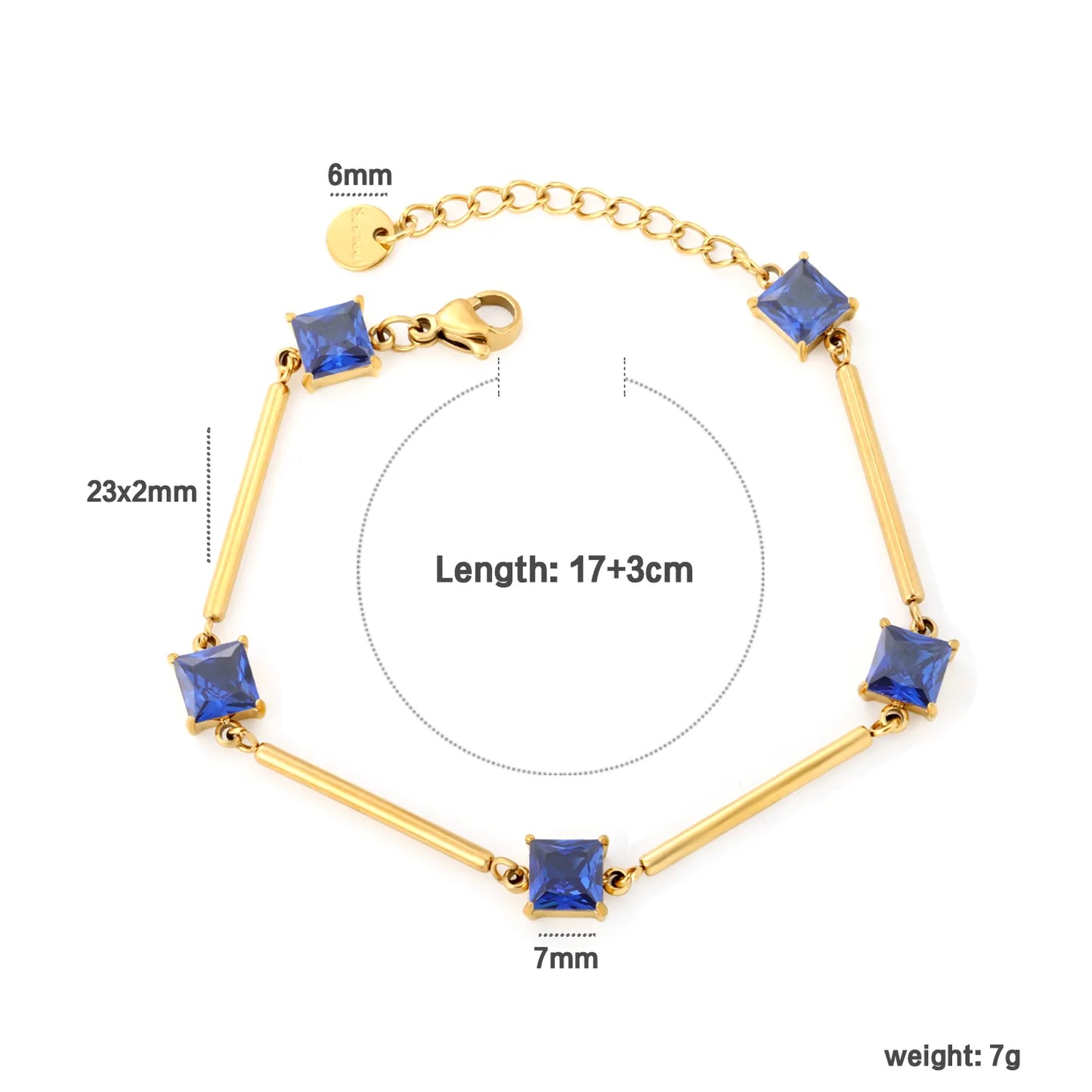 Wholesale Geometric Zircon Bracelet | 23mm Bar & 7mm Square Zircon | 17+3cm Gold Chain | Stainless Steel Fashion Jewelry
