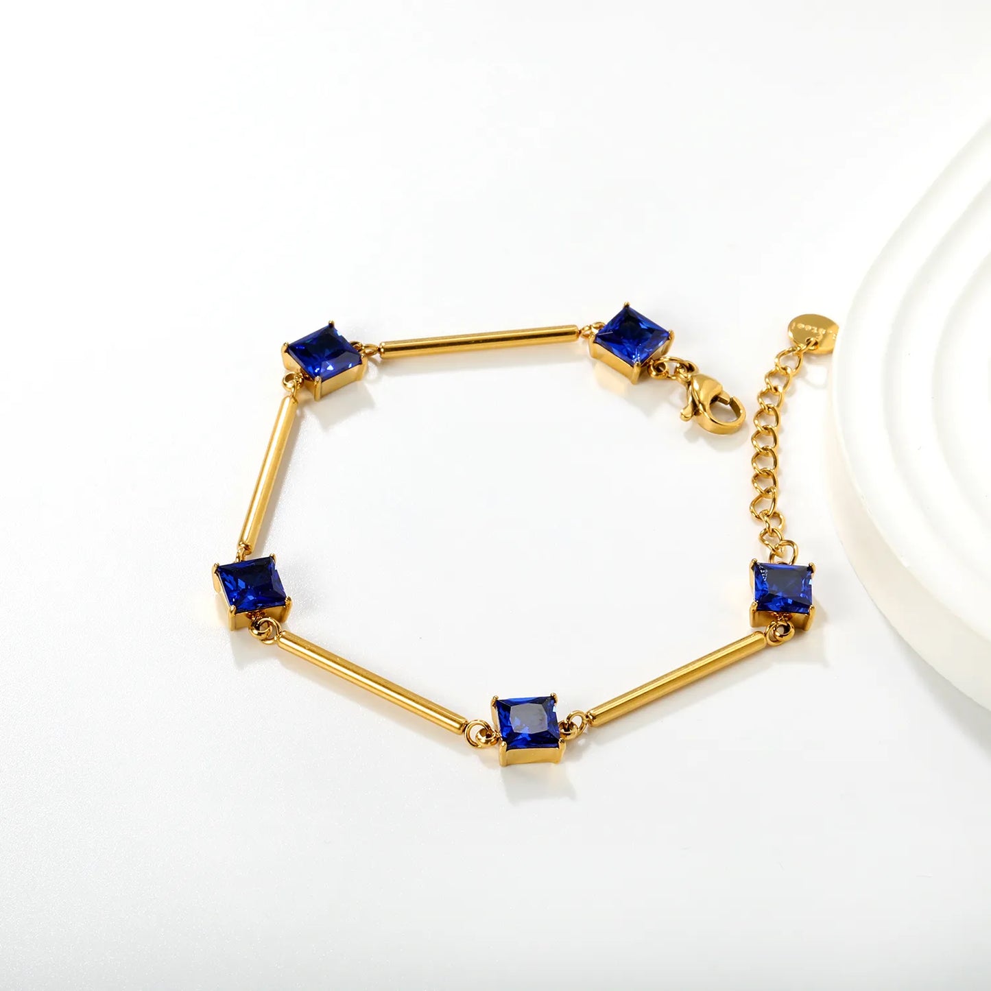 Wholesale Geometric Zircon Bracelet | 23mm Bar & 7mm Square Zircon | 17+3cm Gold Chain | Stainless Steel Fashion Jewelry
