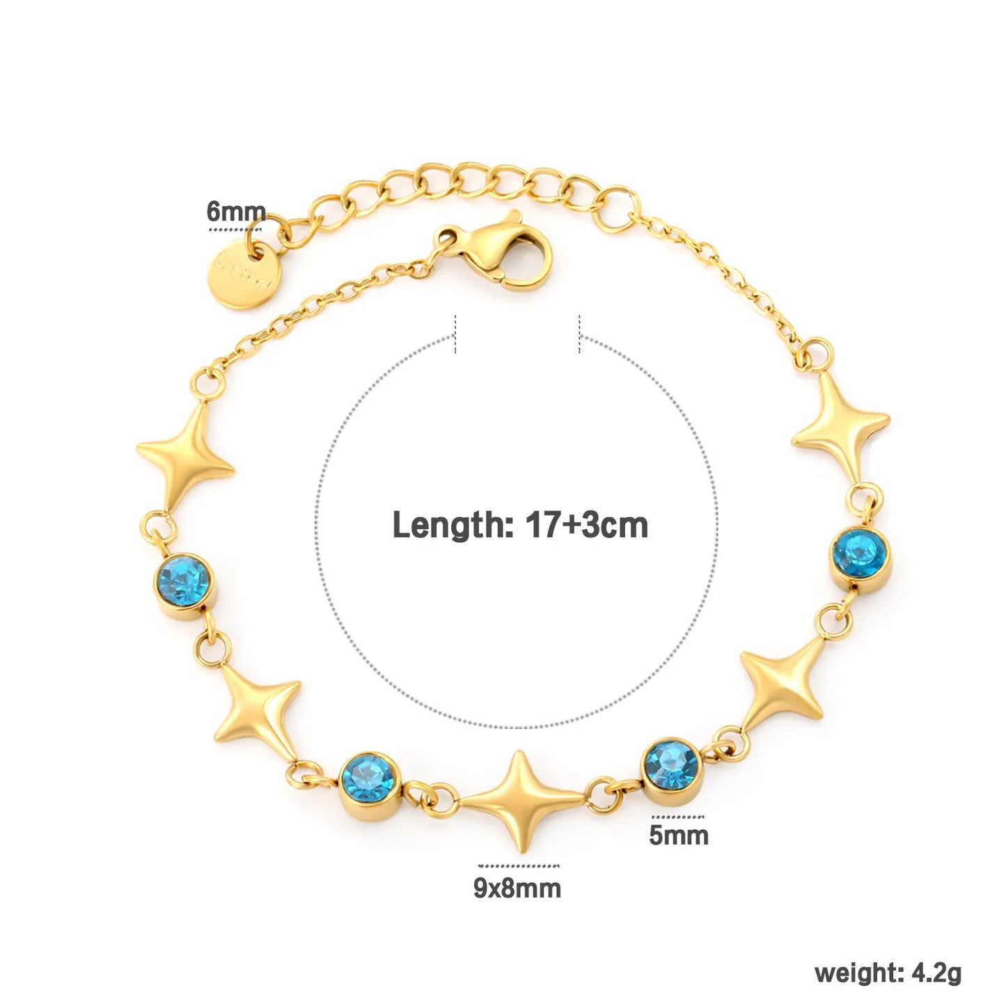 Wholesale Star Zircon Bracelet | 9x8mm Star & 5mm Round Zircon Design | 17+3cm Gold Plated Chain | Stainless Steel Celestial Jewelry