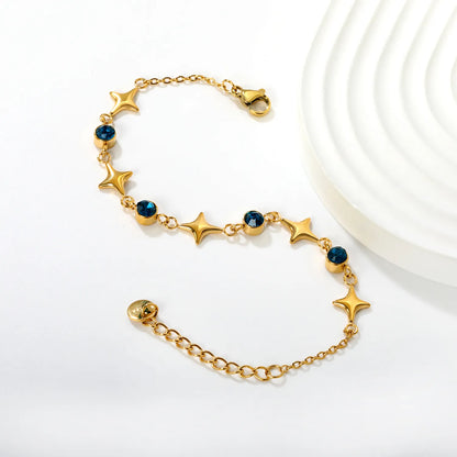 Wholesale Star Zircon Bracelet | 9x8mm Star & 5mm Round Zircon Design | 17+3cm Gold Plated Chain | Stainless Steel Celestial Jewelry