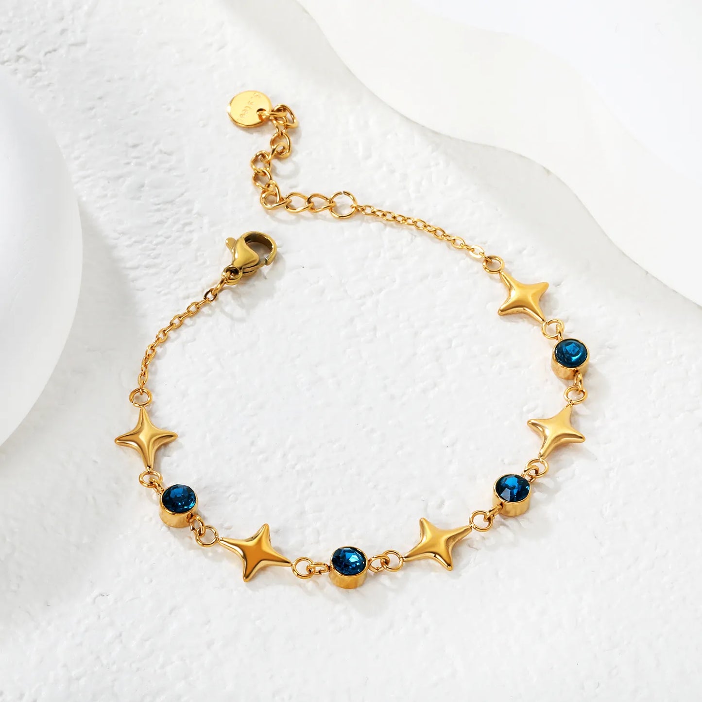 Wholesale Star Zircon Bracelet | 9x8mm Star & 5mm Round Zircon Design | 17+3cm Gold Plated Chain | Stainless Steel Celestial Jewelry