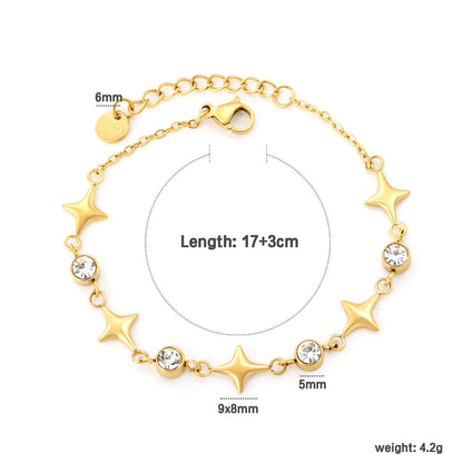 Wholesale Star Zircon Bracelet | 9x8mm Star & 5mm Round Zircon Design | 17+3cm Gold Plated Chain | Stainless Steel Celestial Jewelry