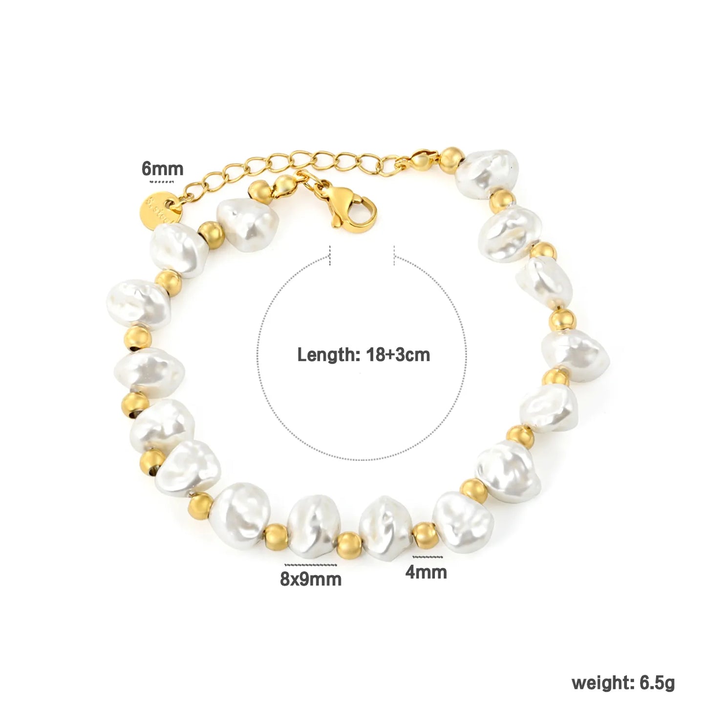 Gold-Tone Stainless Steel Shell Charm Bracelet for Wholesale | 8x9mm Irregular Beads, 4mm Spacers