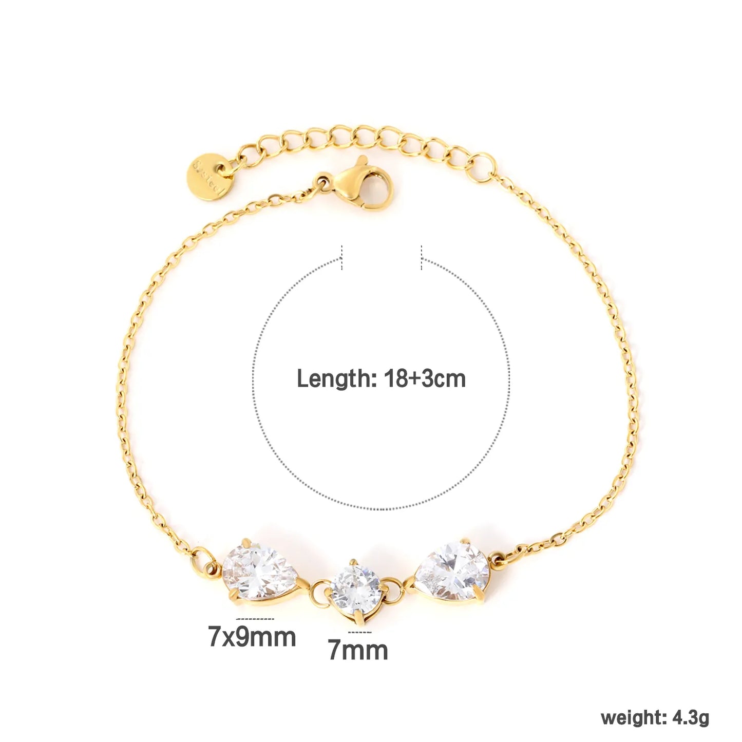 ✨💎 Wholesale Teardrop & Round Zircon Bracelet | 7x9mm White/Blue Zirconia 18+3cm Gold Plated Chain