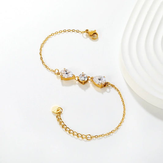 ✨💎 Wholesale Teardrop & Round Zircon Bracelet | 7x9mm White/Blue Zirconia 18+3cm Gold Plated Chain