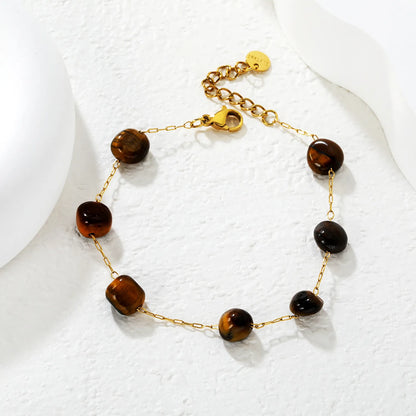 ✨ Wholesale 8mm Amber Stone Bracelet | 18k Gold plated Stainless Steel 17+3cm Natural Stone Jewelry Bulk