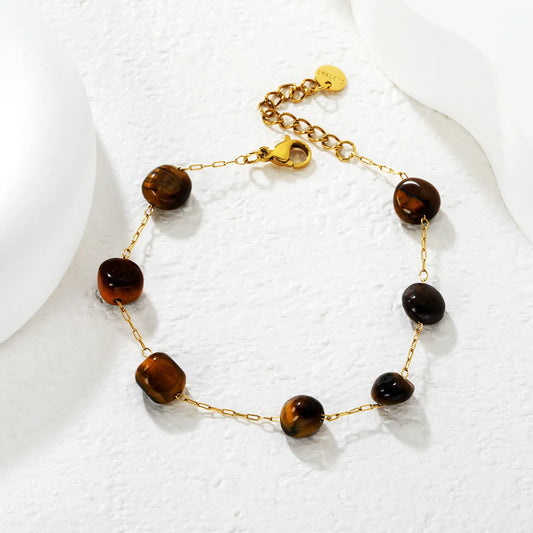 ✨ Wholesale 8mm Amber Stone Bracelet | 18k Gold plated Stainless Steel 17+3cm Natural Stone Jewelry Bulk