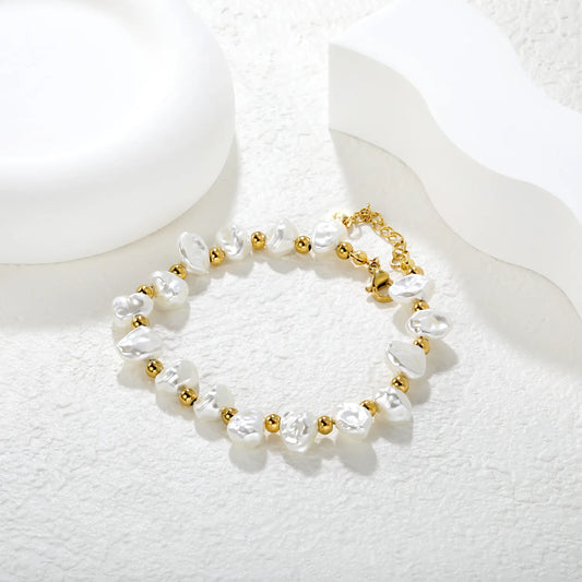 Gold-Tone Stainless Steel Shell Charm Bracelet for Wholesale | 8x9mm Irregular Beads, 4mm Spacers