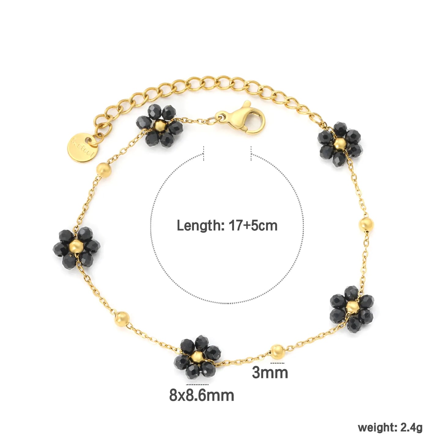 ✨🌸 Wholesale PVD 18k Gold Flower Zircon Bead Bracelet | 8x8.6mm Black & Colorful Stones, Gold & Steel