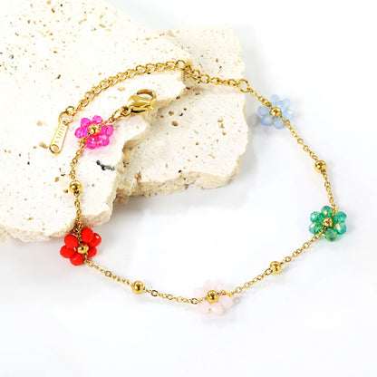 ✨🌸 Wholesale PVD 18k Gold Flower Zircon Bead Bracelet | 8x8.6mm Black & Colorful Stones, Gold & Steel