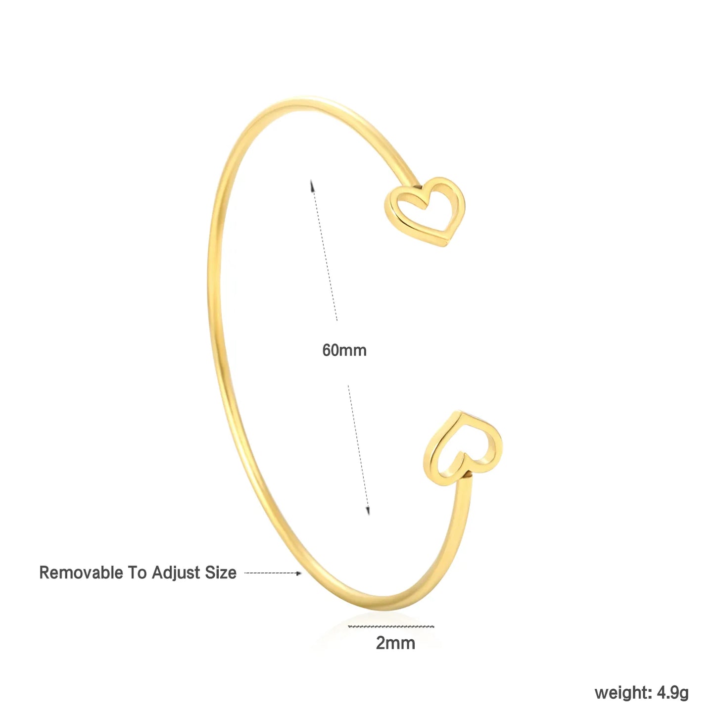 ✨ Wholesale Heart Opening Bangle | 2mm Thin Gold Cuff with Double Heart Cut-Outs | 60mm Inner Diameter Stainless Steel Bracelet for Women