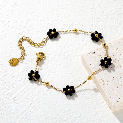 ✨🌸 Wholesale PVD 18k Gold Flower Zircon Bead Bracelet | 8x8.6mm Black & Colorful Stones, Gold & Steel