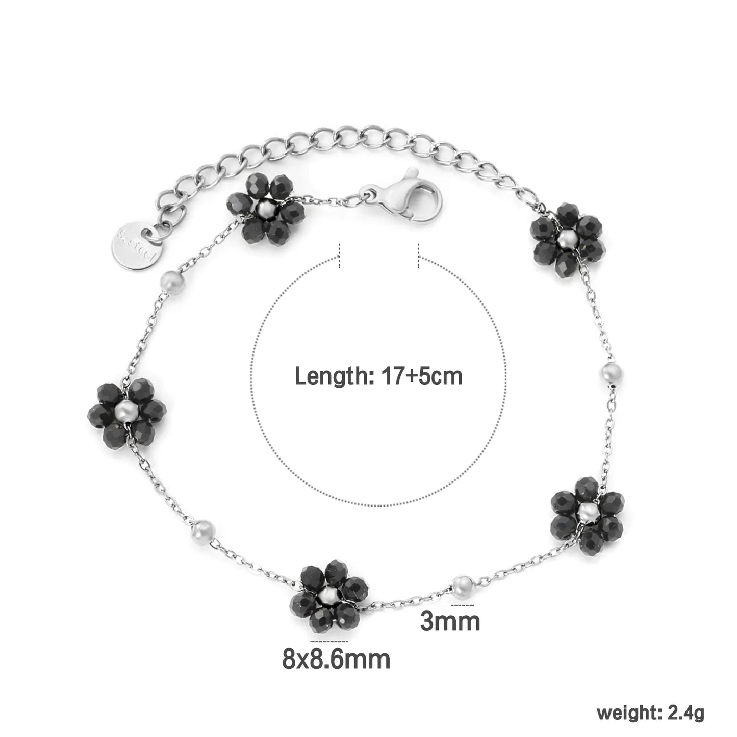 ✨🌸 Wholesale PVD 18k Gold Flower Zircon Bead Bracelet | 8x8.6mm Black & Colorful Stones, Gold & Steel