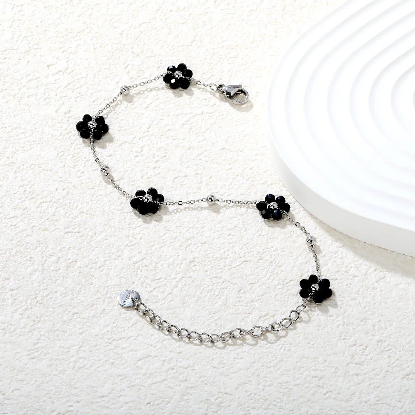 ✨🌸 Wholesale PVD 18k Gold Flower Zircon Bead Bracelet | 8x8.6mm Black & Colorful Stones, Gold & Steel