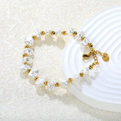 Gold-Tone Stainless Steel Shell Charm Bracelet for Wholesale | 8x9mm Irregular Beads, 4mm Spacers