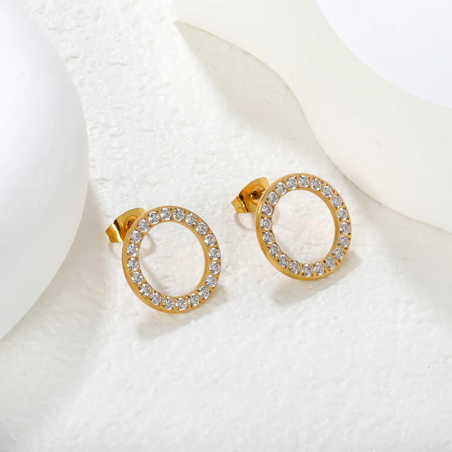 Wholesale 15.7mm & 12mm Hollow Circle Earrings | White Zirconia Halo Design | Gold Stainless Steel Studs
