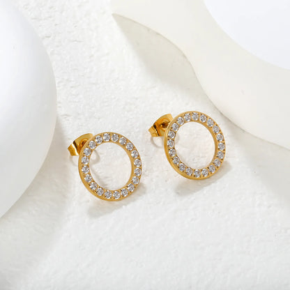 Wholesale 15.7mm & 12mm Hollow Circle Earrings | White Zirconia Halo Design | Gold Stainless Steel Studs