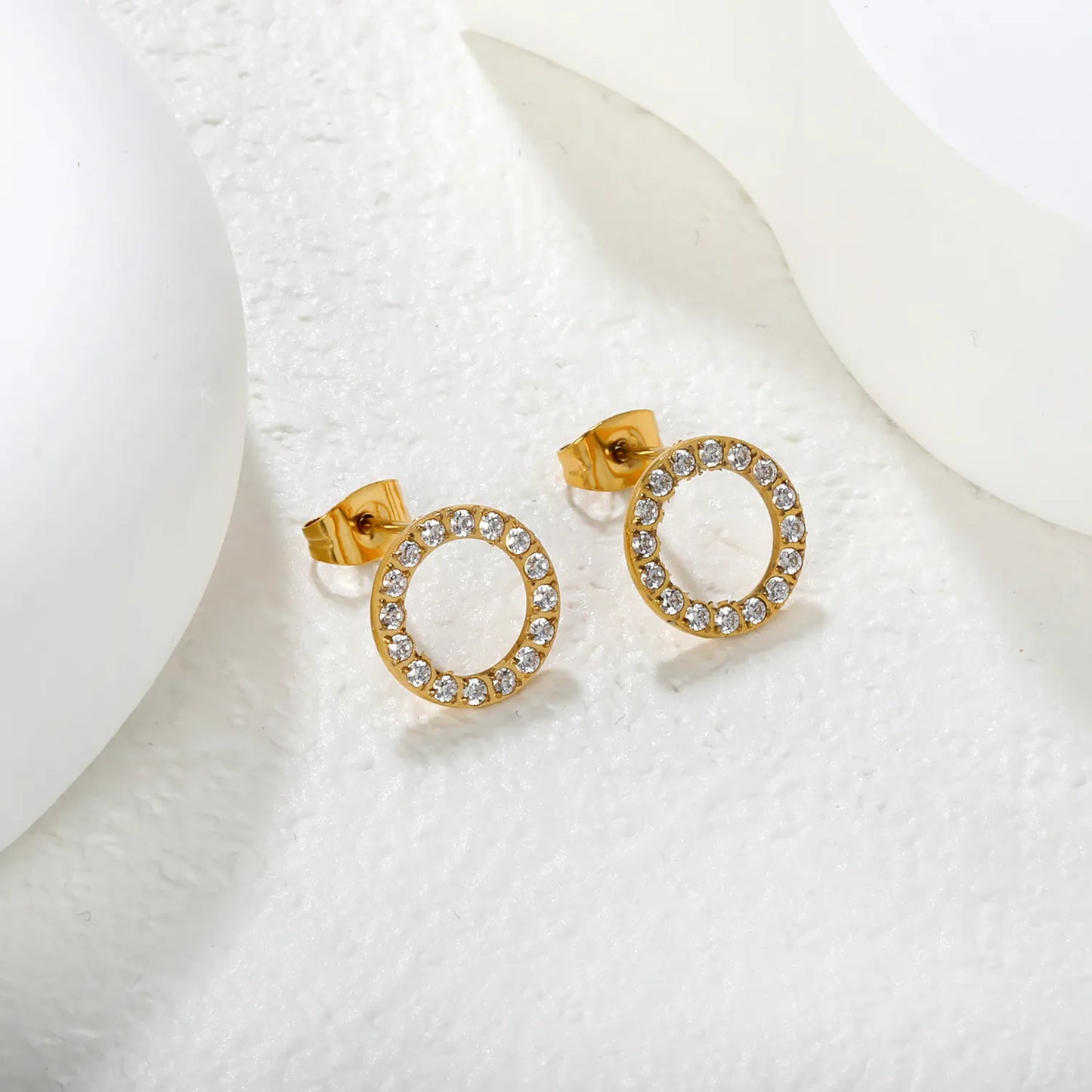 Wholesale 15.7mm & 12mm Hollow Circle Earrings | White Zirconia Halo Design | Gold Stainless Steel Studs