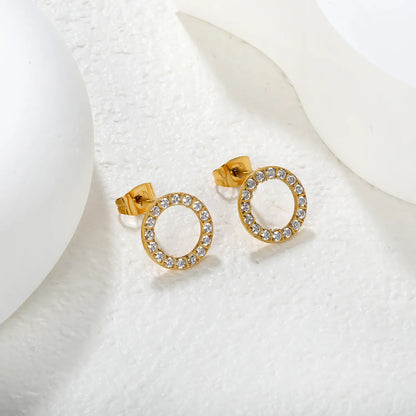 Wholesale 15.7mm & 12mm Hollow Circle Earrings | White Zirconia Halo Design | Gold Stainless Steel Studs