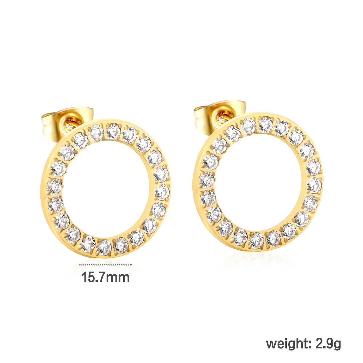 Wholesale 15.7mm & 12mm Hollow Circle Earrings | White Zirconia Halo Design | Gold Stainless Steel Studs