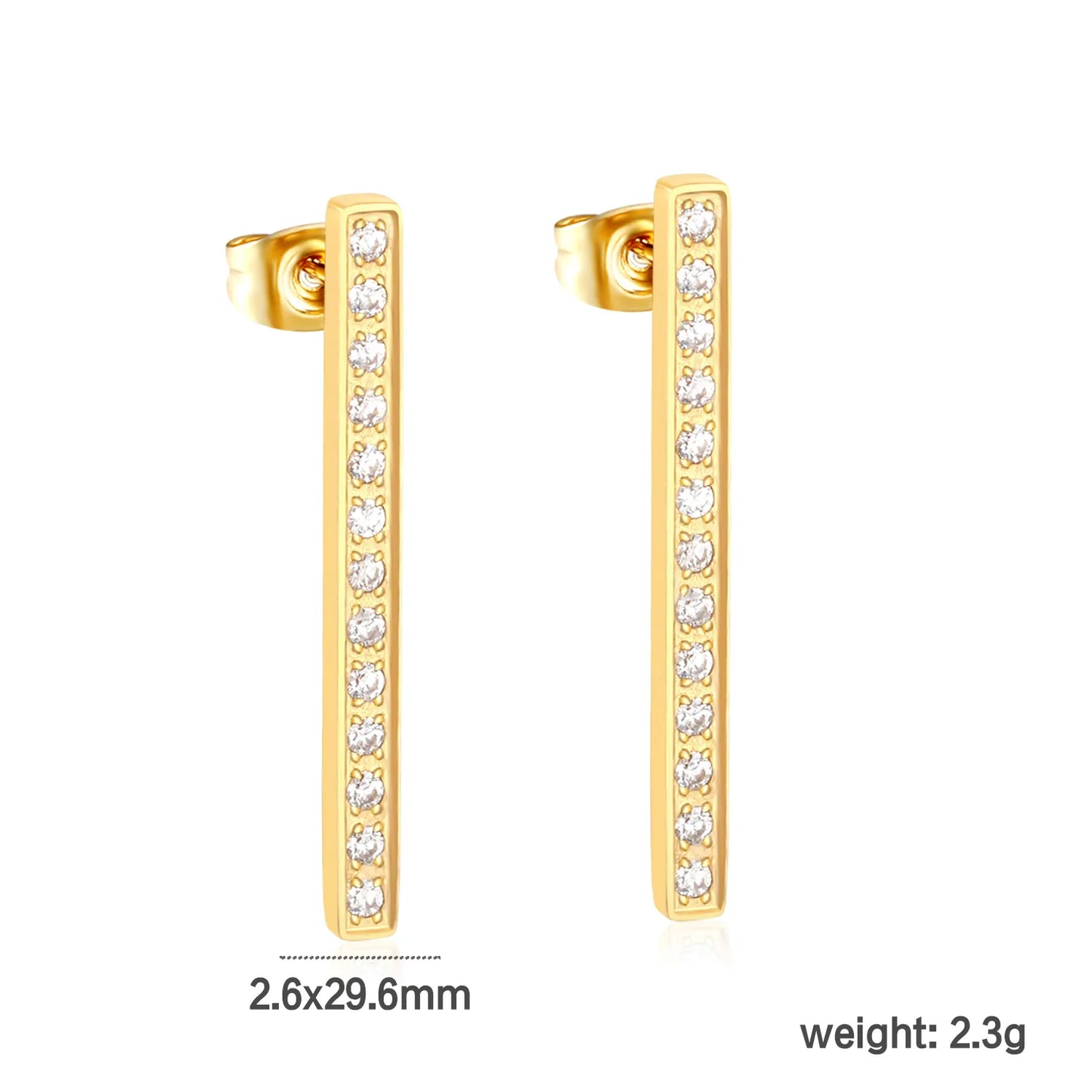 Wholesale 2.6x29.6mm Bar Ear Studs with White Zirconia | Gold Stainless Steel Minimalist Earrings