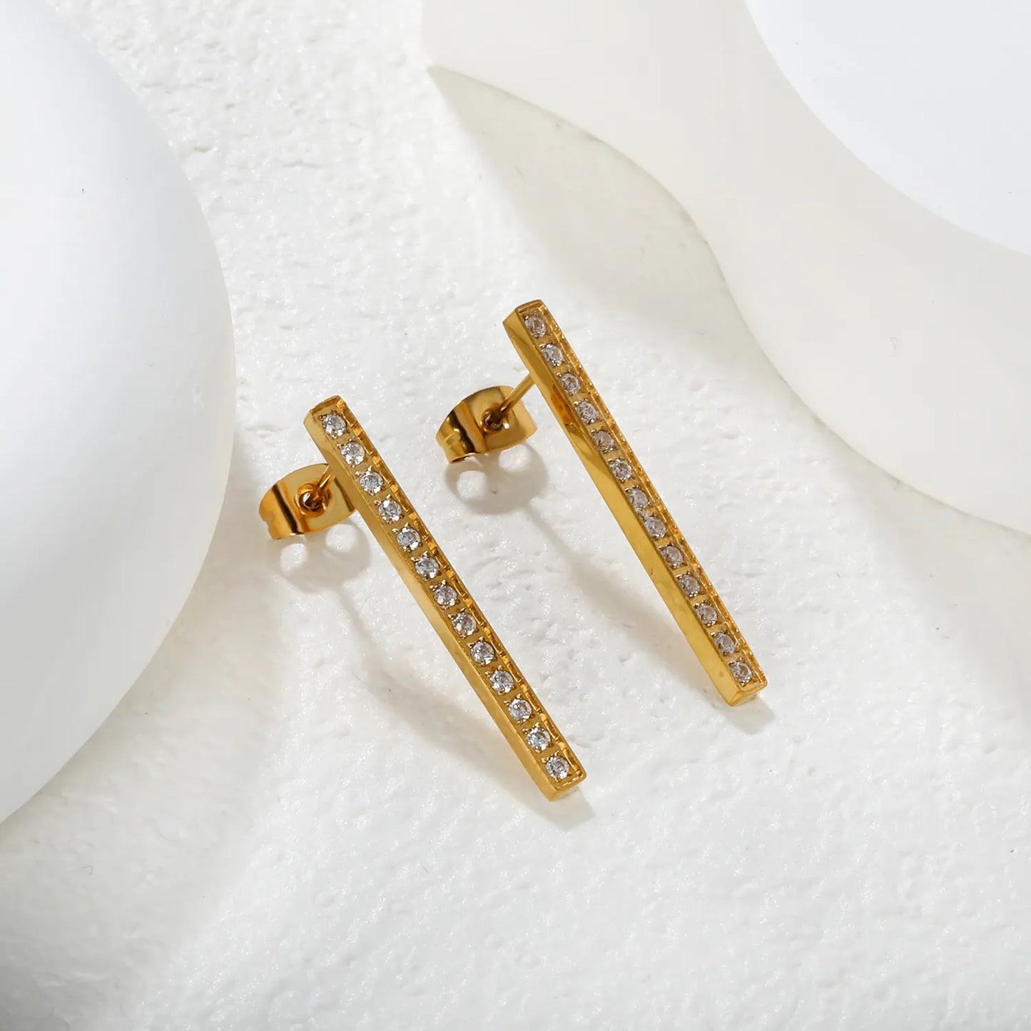 Wholesale 2.6x29.6mm Bar Ear Studs with White Zirconia | Gold Stainless Steel Minimalist Earrings