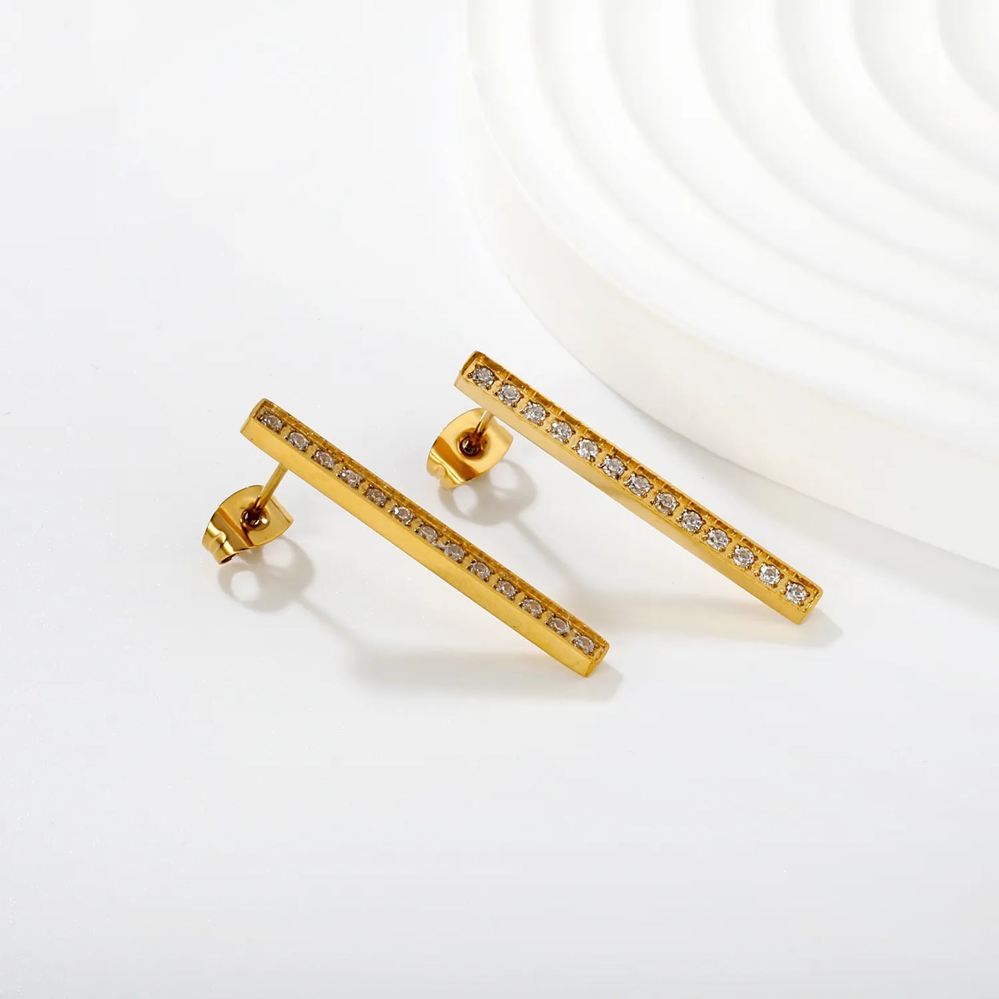 Wholesale 2.6x29.6mm Bar Ear Studs with White Zirconia | Gold Stainless Steel Minimalist Earrings