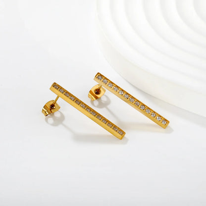 Wholesale 2.6x29.6mm Bar Ear Studs with White Zirconia | Gold Stainless Steel Minimalist Earrings