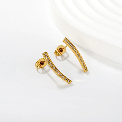 Wholesale 3.5x19.8mm Curved Bar Ear Studs | White Zirconia Arch Design | Gold Stainless Steel Earrings
