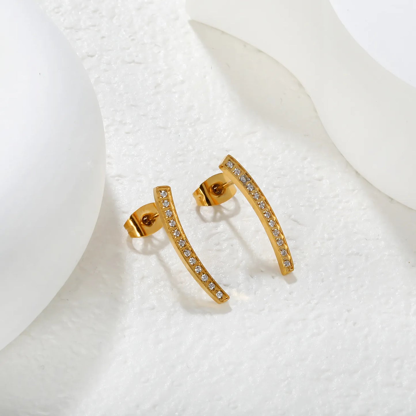 Wholesale 3.5x19.8mm Curved Bar Ear Studs | White Zirconia Arch Design | Gold Stainless Steel Earrings