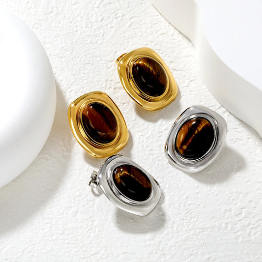 ✨ Wholesale Square Amber Stud Earrings | 21x25.1mm Large Gemstone Earrings | Gold Plated Stainless Steel Simple Elegant Jewelry