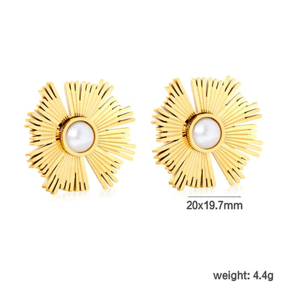 ✨☀️ Wholesale Gold Stainless Steel Sun Design Stud Earrings | 20x19.7mm Sunburst Pattern With Artificial Pearls, Hypoallergenic, Boho Chic Ear Jewelry Bulk