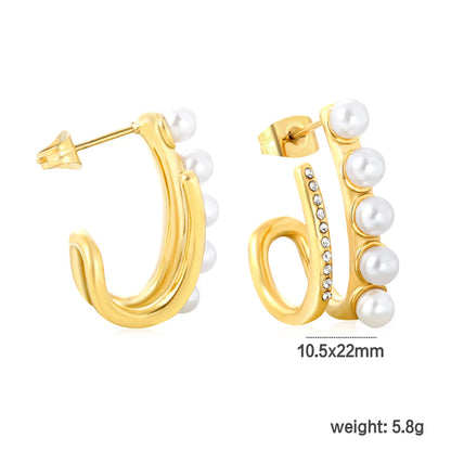 ✨ Wholesale 10.5x22mm J-Hoop Earrings with Zircon & Pearl | Gold Stainless Steel Dangle Earrings