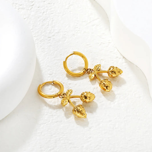✨🍓 Wholesale Strawberry Earrings for Women | 17x16mm Fruit Charm Dangle Earrings | Gold Plated Stainless Steel Inner Huggie Hoops | Cute Food Jewelry