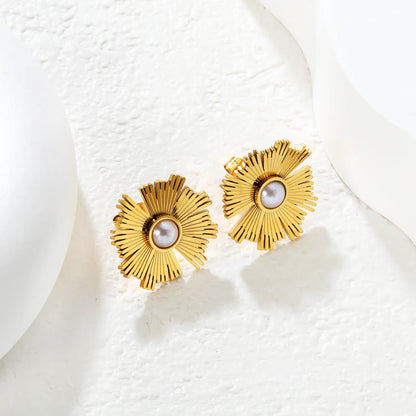 ✨☀️ Wholesale Gold Stainless Steel Sun Design Stud Earrings | 20x19.7mm Sunburst Pattern With Artificial Pearls, Hypoallergenic, Boho Chic Ear Jewelry Bulk