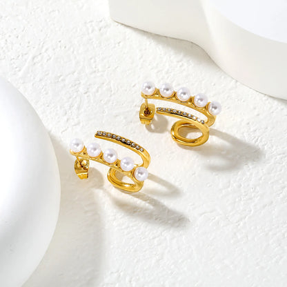 ✨ Wholesale 10.5x22mm J-Hoop Earrings with Zircon & Pearl | Gold Stainless Steel Dangle Earrings