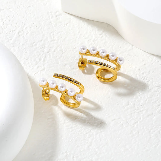 ✨ Wholesale 10.5x22mm J-Hoop Earrings with Zircon & Pearl | Gold Stainless Steel Dangle Earrings