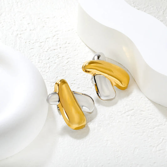 ✨ Wholesale X Shape Stud Earrings | 27x31mm Two-Tone Geometric Design | Gold Plated Stainless Steel Bold Earrings | Modern Fashion Jewelry