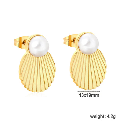 ✨ Wholesale Gold Shell Earrings with Pearl | 13x19mm Seashell Design, 10mm Simulated Pearl, Nautical Stud Earrings Bulk