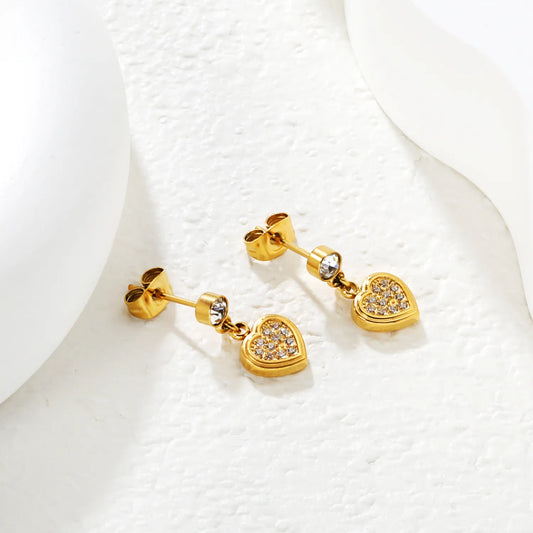 ✨ Wholesale Gold Heart Earrings with Zircon | 8mm Heart & 4mm Round Zircon, Romantic Stud Earrings Bulk