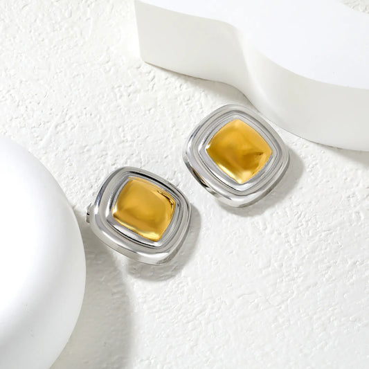 ✨ Wholesale Square Stud Earrings 25.7mm | Two-Tone Geometric Design | Gold Plated Stainless Steel | Minimalist Fashion Earrings Bulk
