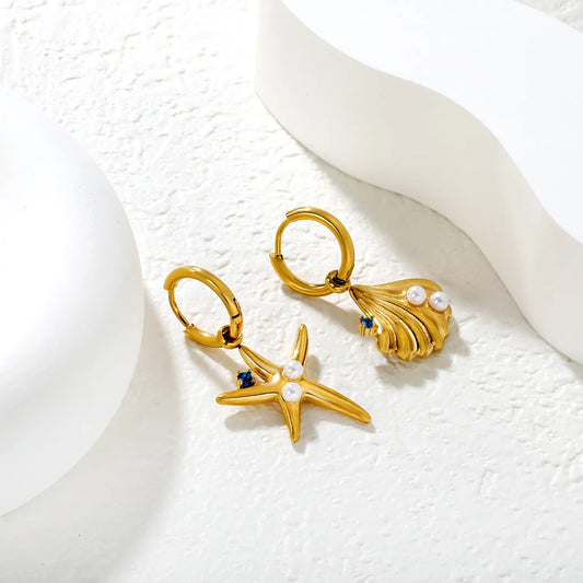 ✨🌊  Wholesale Gold Plated Shell and Starfish Earrings | 2.0*10mm Inner Huggie Hoops with Blue Zirconia & Pearl | Surgical Steel Fashion Jewelry