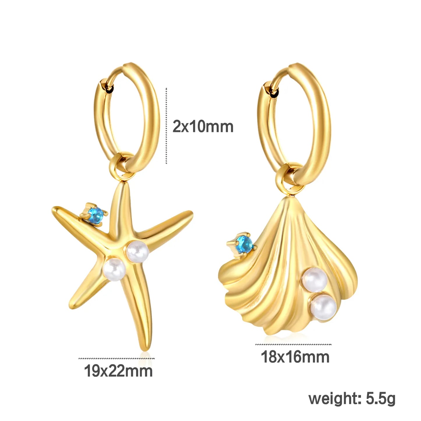 ✨🌊  Wholesale Gold Plated Shell and Starfish Earrings | 2.0*10mm Inner Huggie Hoops with Blue Zirconia & Pearl | Surgical Steel Fashion Jewelry