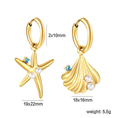 ✨🌊  Wholesale Gold Plated Shell and Starfish Earrings | 2.0*10mm Inner Huggie Hoops with Blue Zirconia & Pearl | Surgical Steel Fashion Jewelry