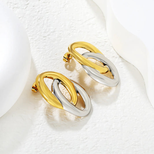 ✨ Wholesale Circle Stud Earrings | 21.5x33.3mm Two-Tone Hoop Design | Gold Plated Stainless Steel | Minimalist Geometric Jewelry Bulk
