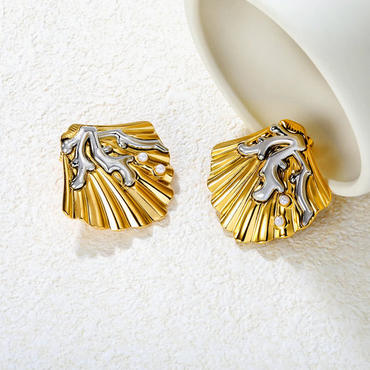 ✨ Wholesale Shell and Seaweed Stud Earrings | 34.7x33.5mm Marine Design | Gold Plated Stainless Steel with Pearl | Summer Beach Jewelry Bulk