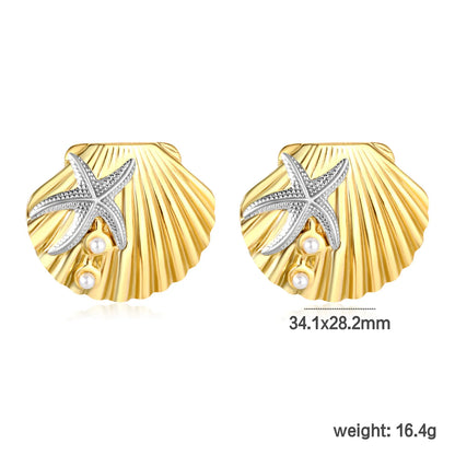 ✨ Wholesale Shell and Starfish Earrings | 34.1x28.2mm Nautical Design | Gold Plated Stainless Steel with Pearl Accent | Summer Beach Jewelry